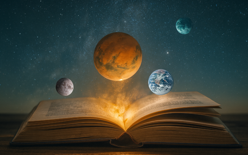 Offenes Buch mit einem Kosmos